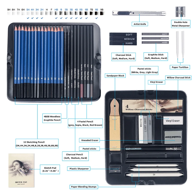 50 Pcs Sketching Pencil Set Wo - огляд і ціна Sketching Charcoal Set