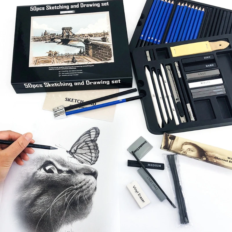 50 Pcs Sketching Pencil Set Wo - огляд і ціна Sketching Charcoal Set